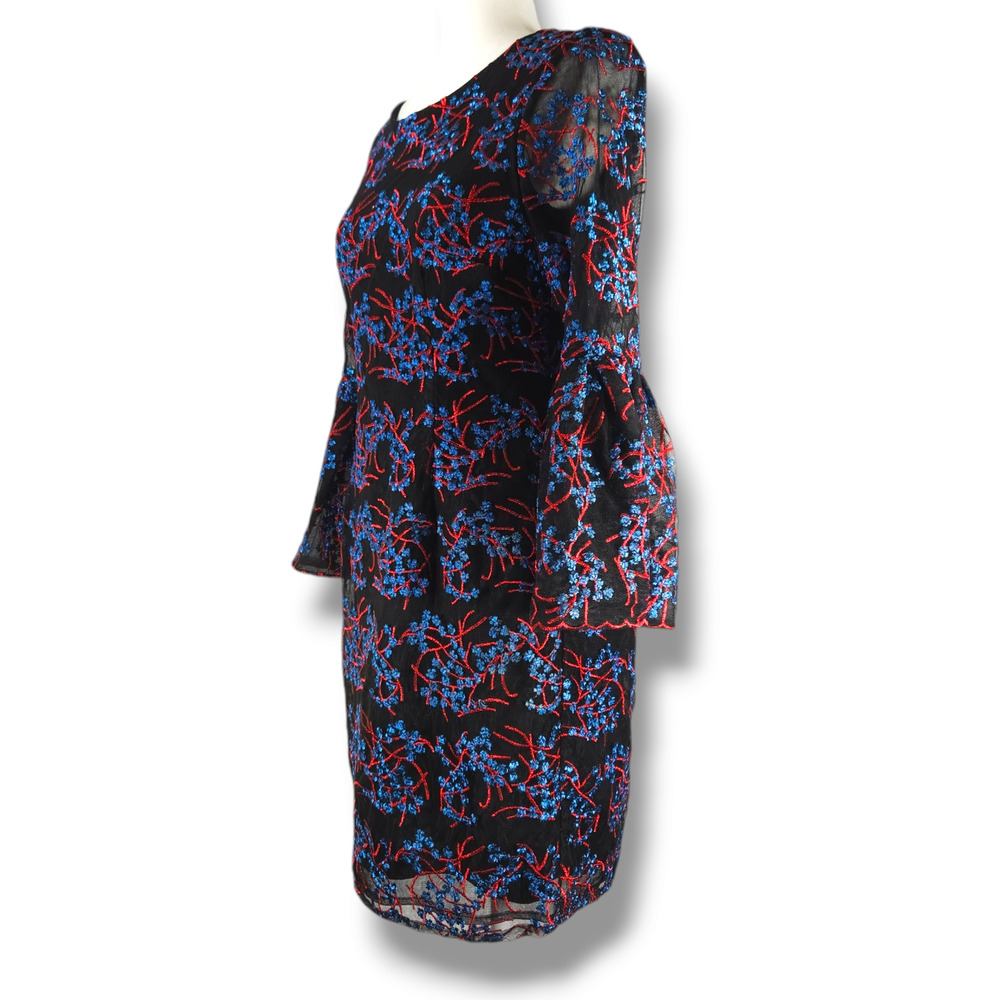 EUC Nicole Miller New York Floral Embroidered Tulle Dress Sz. 4 Black‎ Blue Red